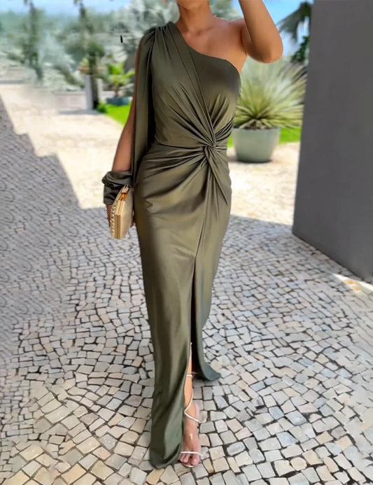 Ein-Schulter-Maxikleid – Elegant in Olivgrün